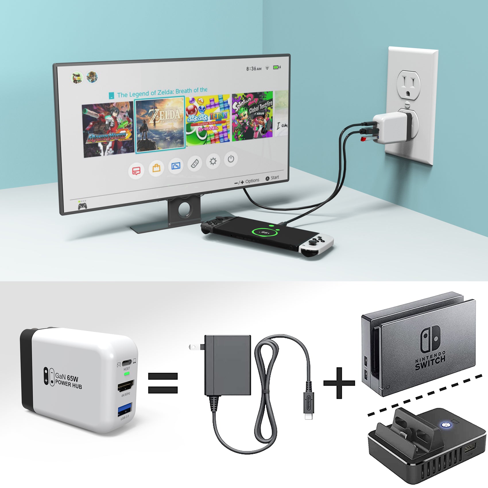 65W 3 in 1 Nintendo Switch 2 Dock Adapter - White